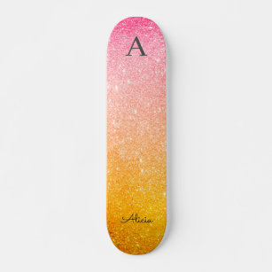 Pink Gold Yellow Ombre Glitter  Skateboard