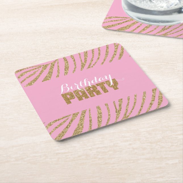 Pink Gold Zebra Print Faux Glitter Birthday Square Paper Coaster (Angled)