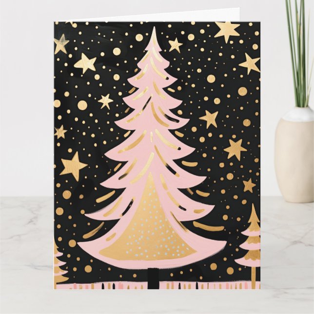Pink Golden Christmas Tree Card (Front)