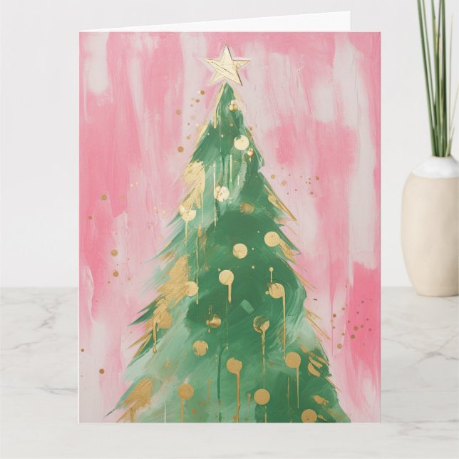 Pink Golden Christmas Tree Card (Front)