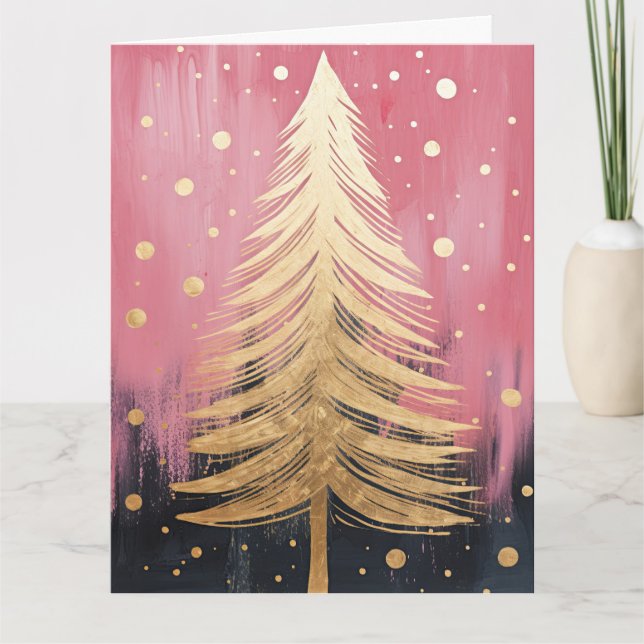 Pink Golden Christmas Tree Card (Front)
