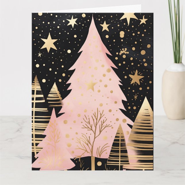 Pink Golden Christmas Tree Card (Front)