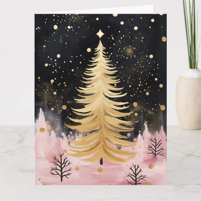 Pink Golden Christmas Tree Card (Front)