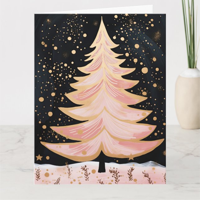 Pink Golden Christmas Tree Card (Front)