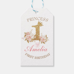 Pink Golden Crown Princess 1st Birthday Party Gift Tags