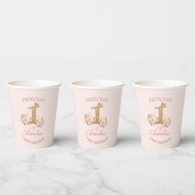 Pink Golden Crown Princess 1st Birthday Party Paper Cups (Multi)
