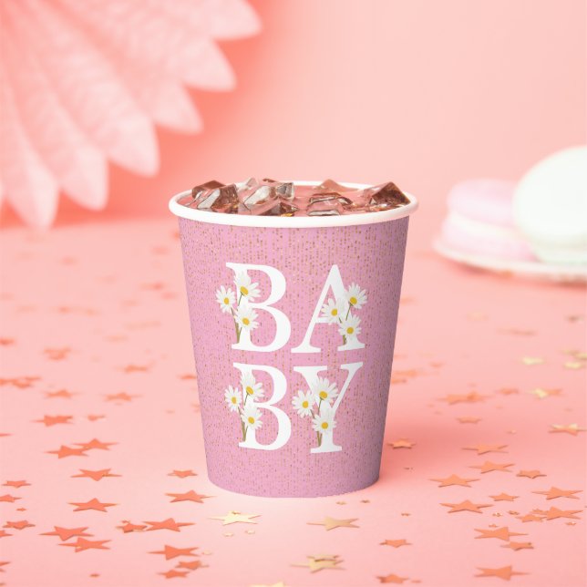 Pink Golden Daisy Glitter Glow Baby Shower Paper Cups (Insitu)