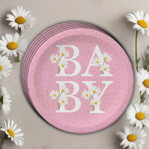 Pink Golden Daisy Glitter Glow Baby Shower Paper Plate