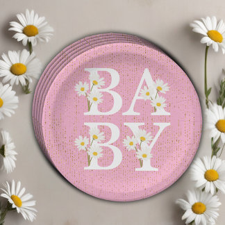 Pink Golden Daisy Glitter Glow Baby Shower Paper Plate