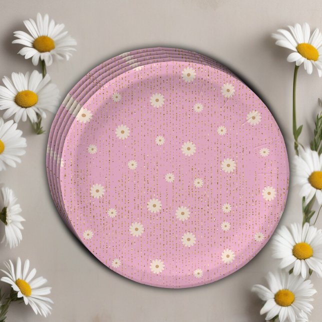 Pink Golden Daisy Glitter Glow Baby Shower Paper Plate (Creator Uploaded)