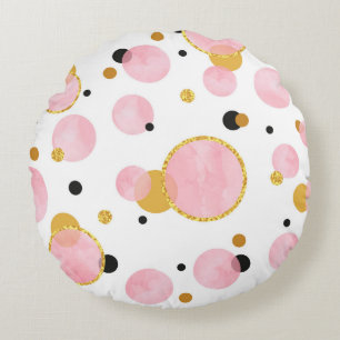 Pink Golden Dots, Geometric Vintage. Round Cushion