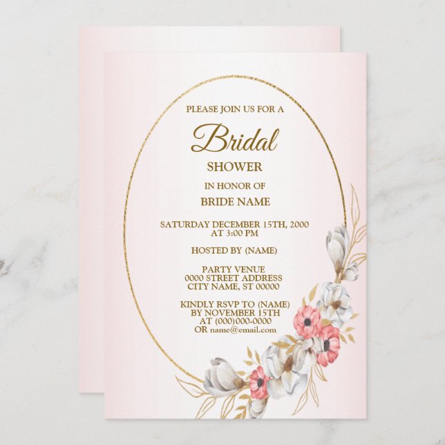 Pink Golden Floral Geometric Peach Bridal Shower Invitation (Front/Back)