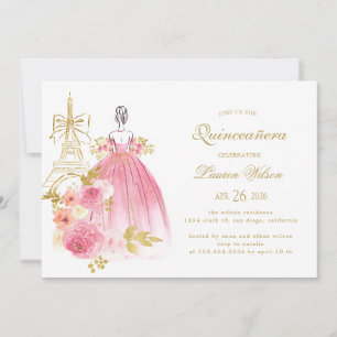 Pink Golden Floral Paris Chic Quinceanera Invitation