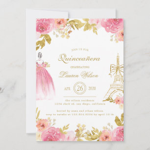 Pink Golden Floral Paris Chic Quinceanera Invitation