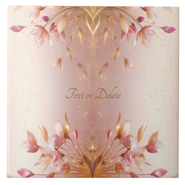 Pink Golden Leaves Floral Ceramic Tile (Front)
