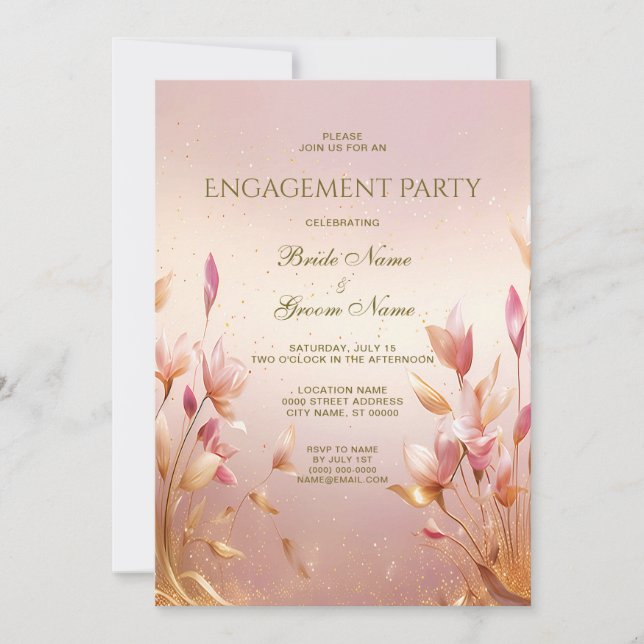 Pink Golden Leaves Floral Engagement Invitation (Front)