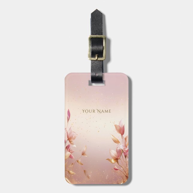 Pink Golden Leaves Floral Luggage Tag (Front Vertical)
