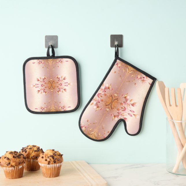 Pink Golden Leaves Floral Oven Mitt & Pot Holder Set (Insitu(Hanging))