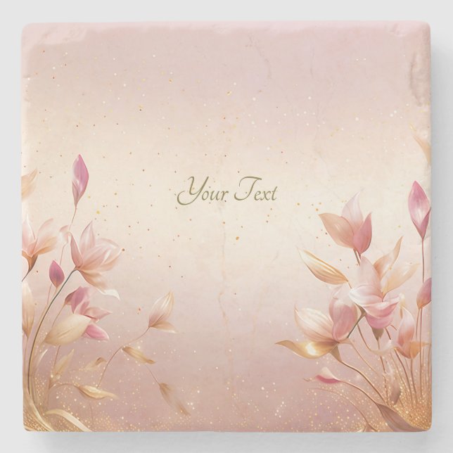 Pink Golden Leaves Floral Stone Coaster (Front)