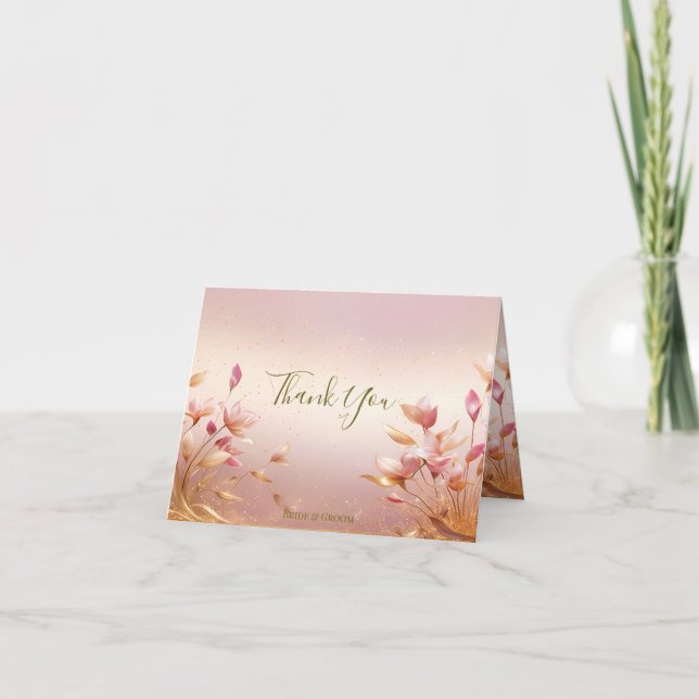Pink Golden Leaves Floral Thank You Card (Front)