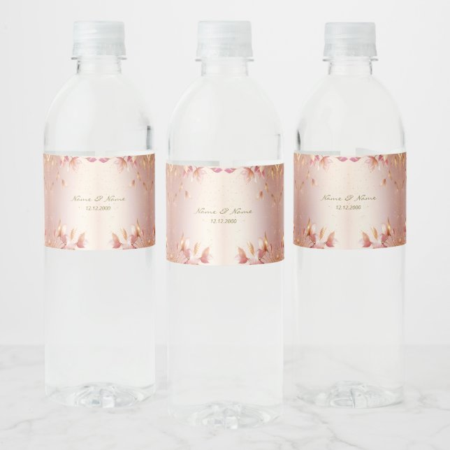 Pink Golden Leaves Floral Water Bottle Label (Bottles)