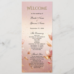 Pink Golden Leaves Floral Wedding Program Programme
