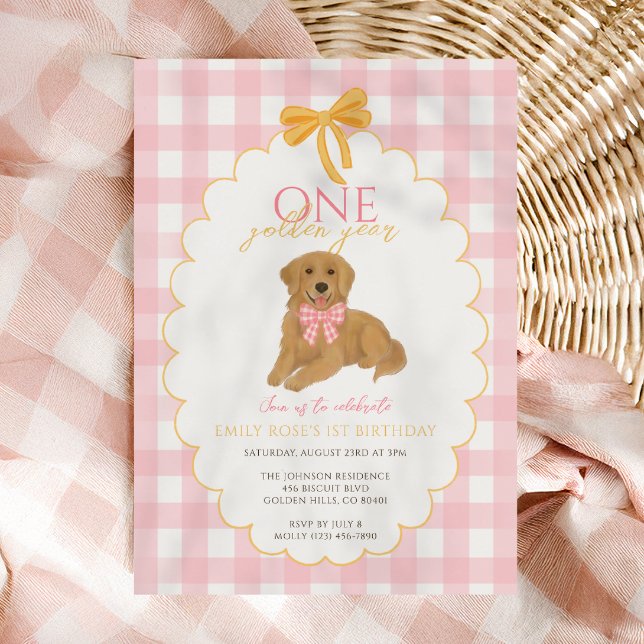 Pink Golden Retriever First Birthday Party Invitation (Creator Uploaded)