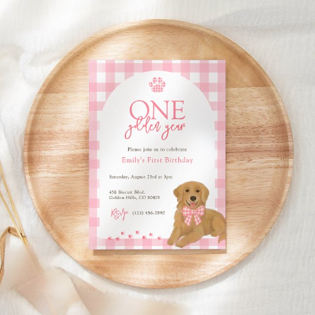 Pink Golden Retriever One Golden Year birthday Invitation (Creator Uploaded)
