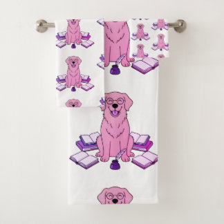 Pink Golden Retriever Pup Writer Book Lover Design Bath Towel Set