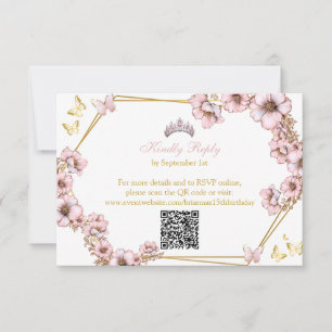 Pink Golden Tiara Butterfly Quinceañera RSVP Card