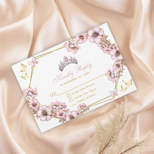 Pink Golden Tiara Butterfly Quinceañera RSVP Card