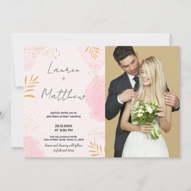 Pink Golden Wedding Invitations with photo (Front)