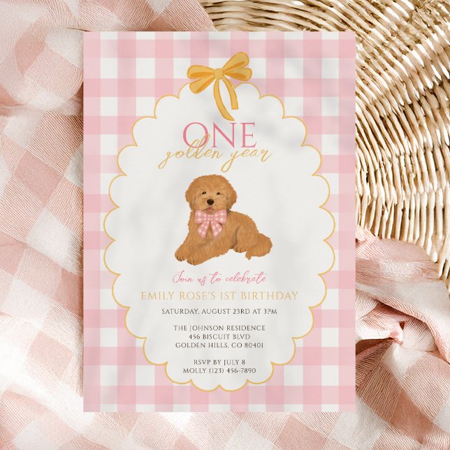 Pink Goldendoodle Dog First Birthday Party Invitation (Creator Uploaded)