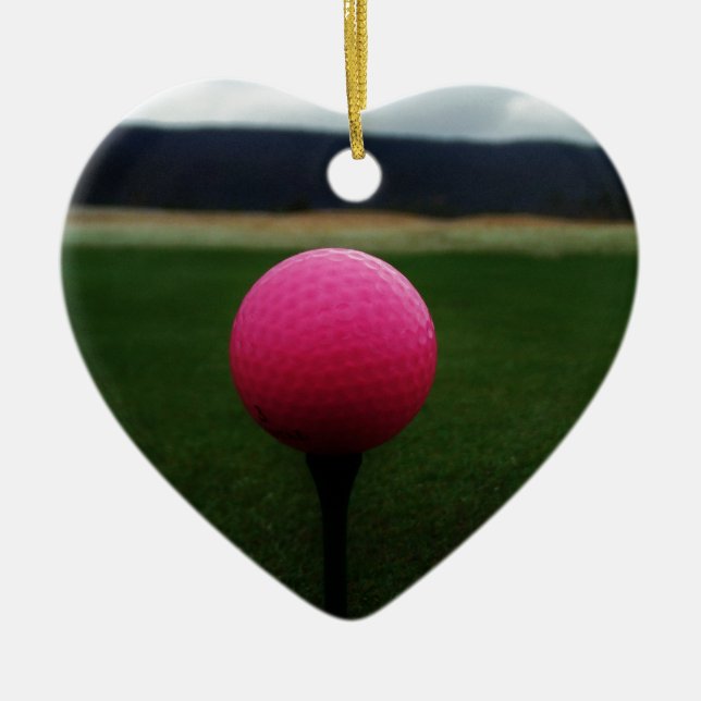 Pink Golf Ball on a mountain golf course Ceramic Tree Decoration (Front)
