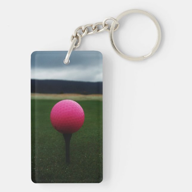 Pink Golf Ball on a mountain golf course Key Ring (Back)