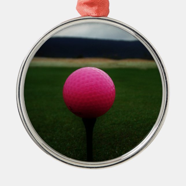 Pink Golf Ball on a mountain golf course Metal Tree Decoration (Front)
