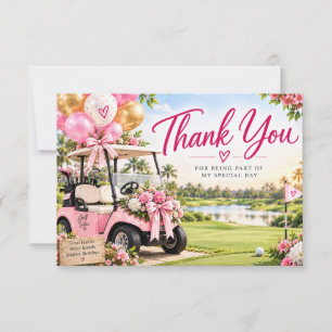 Pink Golf Birthday Party Golf Cart Floral Thank You Card