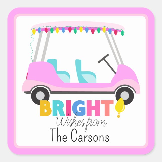 Pink Golf Cart Bright Wishes with Holiday Bulbs Square Sticker (Front)
