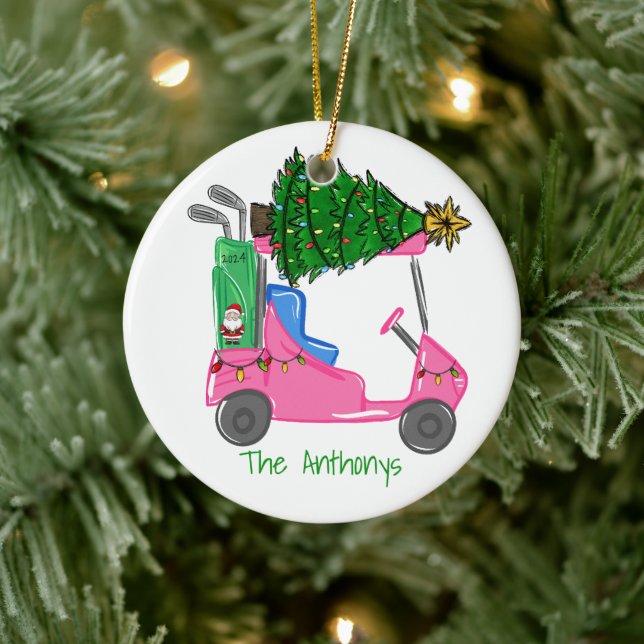 Pink Golf Cart Christmas Tree & Santa Golf Bag Ceramic Tree Decoration (Tree)