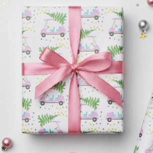 Pink Golf Cart Christmas Tree White Wrapping Paper