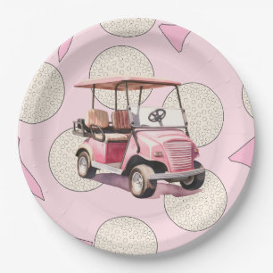 Pink golf cart for woman player paper plate