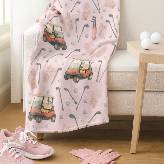 Pink Golf Cart Pattern Lady Golfer  Fleece Blanket (Soft landings after tee time where pink gear, cozy fleece, and golf dreams come home to rest.)