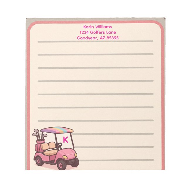 Pink Golf Cart Personalised Notepad (Front)