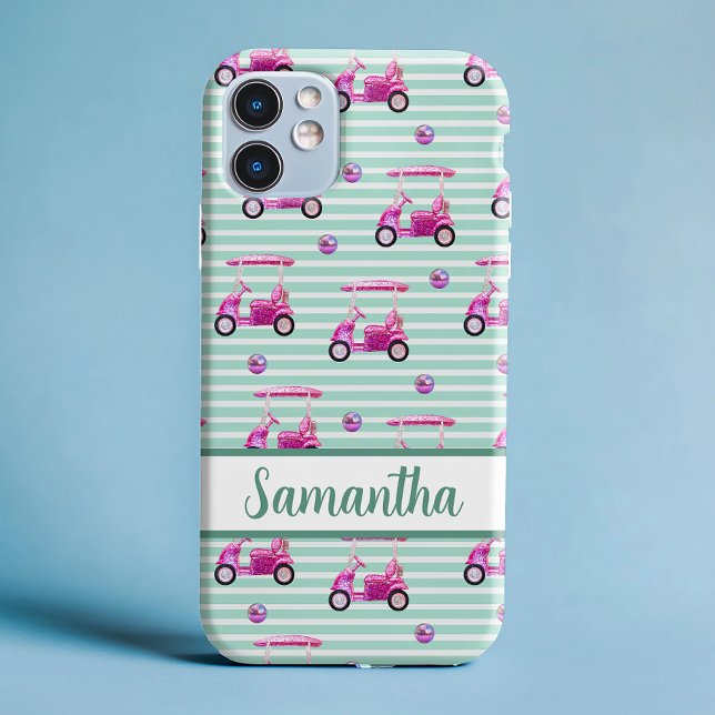 Pink Golf Carts Teal Striped Personalised Golfing Case-Mate iPhone Case (Creator Uploaded)