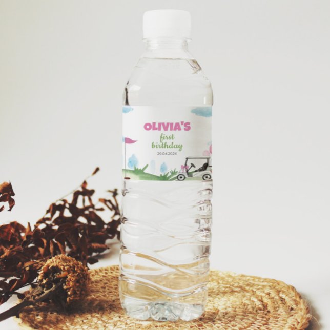 Pink Golf Girl Birthday Party Water Bottle Label (Creator Uploaded)