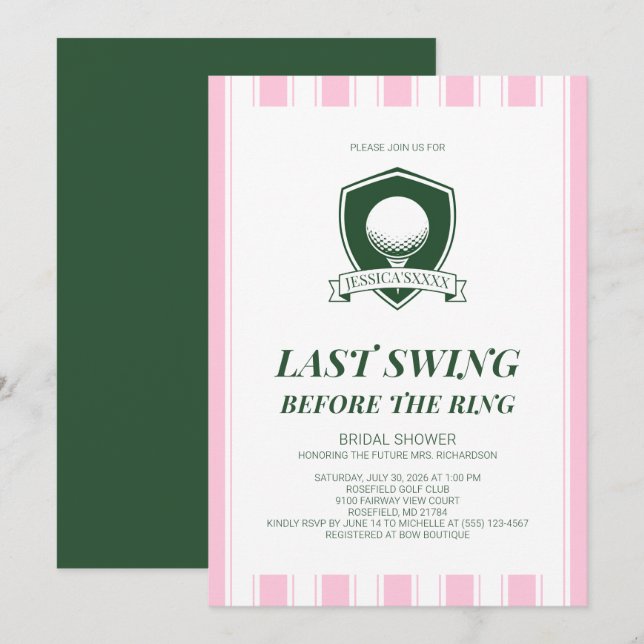 Pink Golf Last Swing Before the Ring Bridal Shower Invitation (Front/Back)