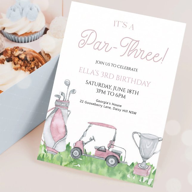 Pink Golf Par-Three 3rd Birthday Invitation (Creator Uploaded)