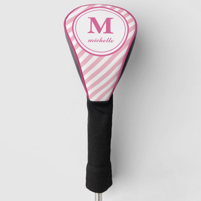Pink | Golf | striped personalised NAME monogram Golf Head Cover (Front)