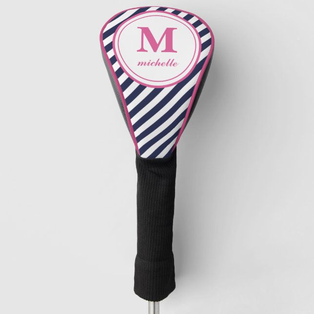 Pink | Golf | striped personalised NAME monogram Head Cover (Front)