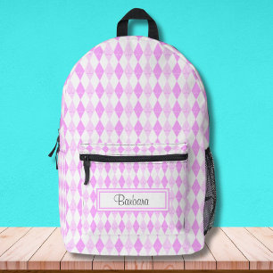 Pink Golf Themed Argyle Pattern Personalised  Printed Backpack